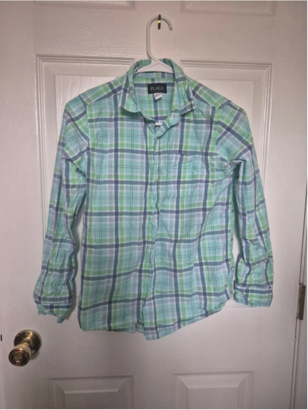 Boys The Children's Place Plaid Button Down Shirt Size 10 Green Blue